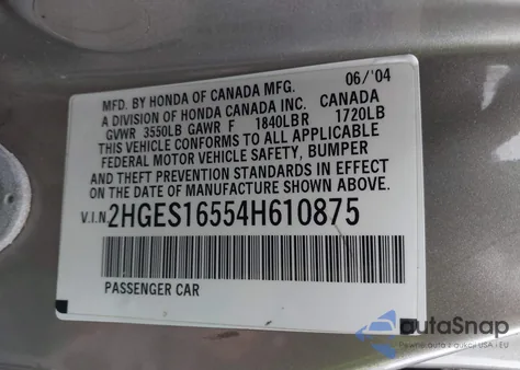 2004 Honda Civic Lx из США, поврежденный, VIN 2HGES16554H610875